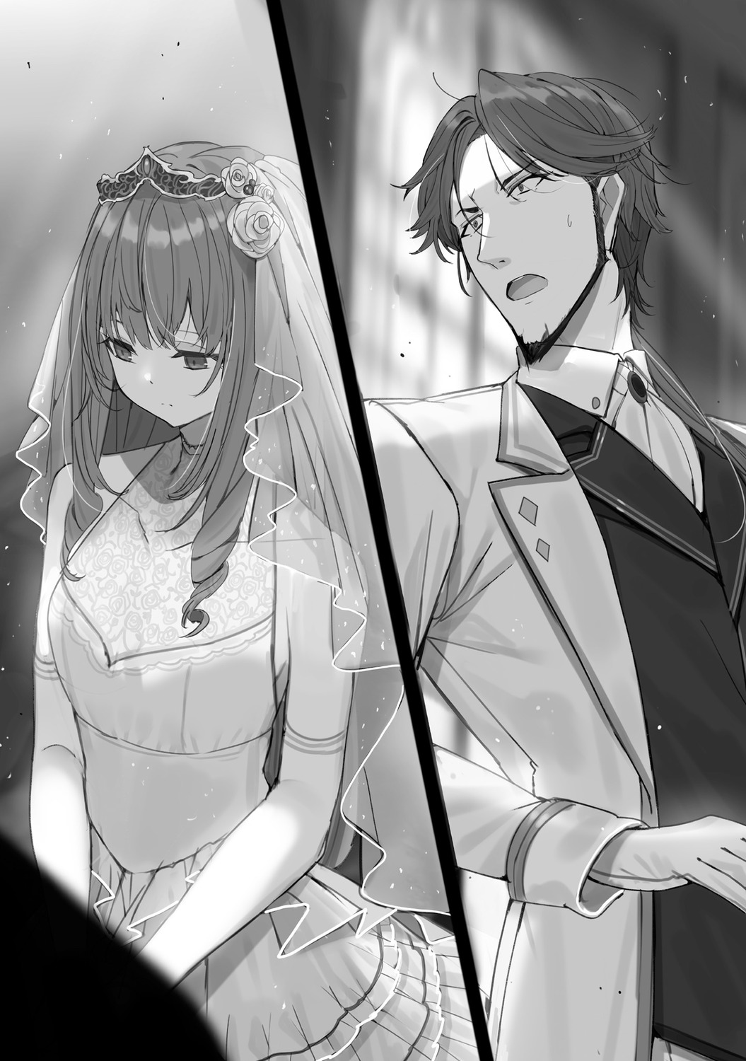 doem_ketsuhat, dress, kage_no_jitsuryokusha_ni_naritakute!, monochrome, rose_oriana, see_through, touzai, wedding_dress