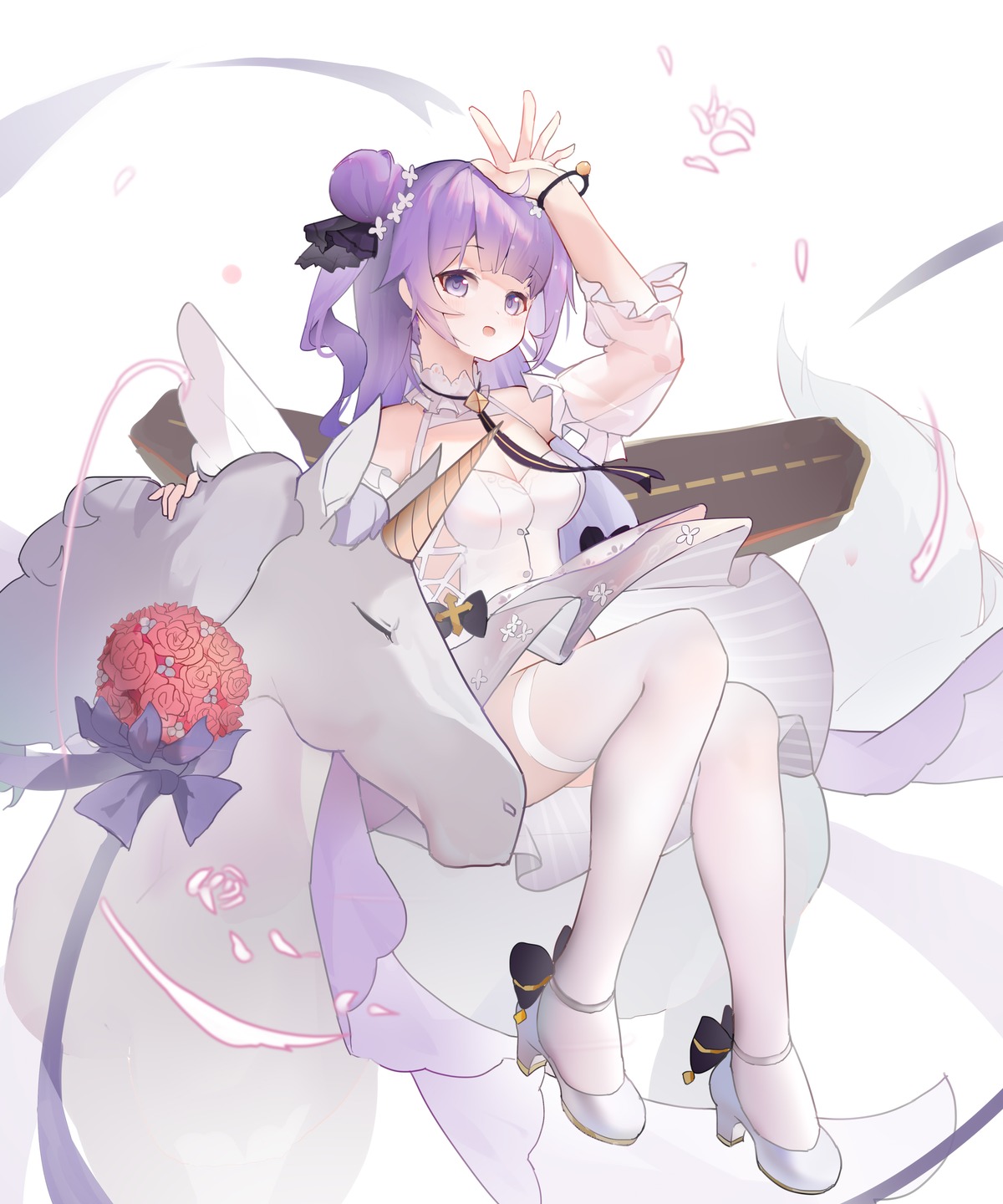 azur_lane, cleavage, dress, heels, kelemi_mi, skirt_lift, thighhighs, unicorn_(azur_lane)
