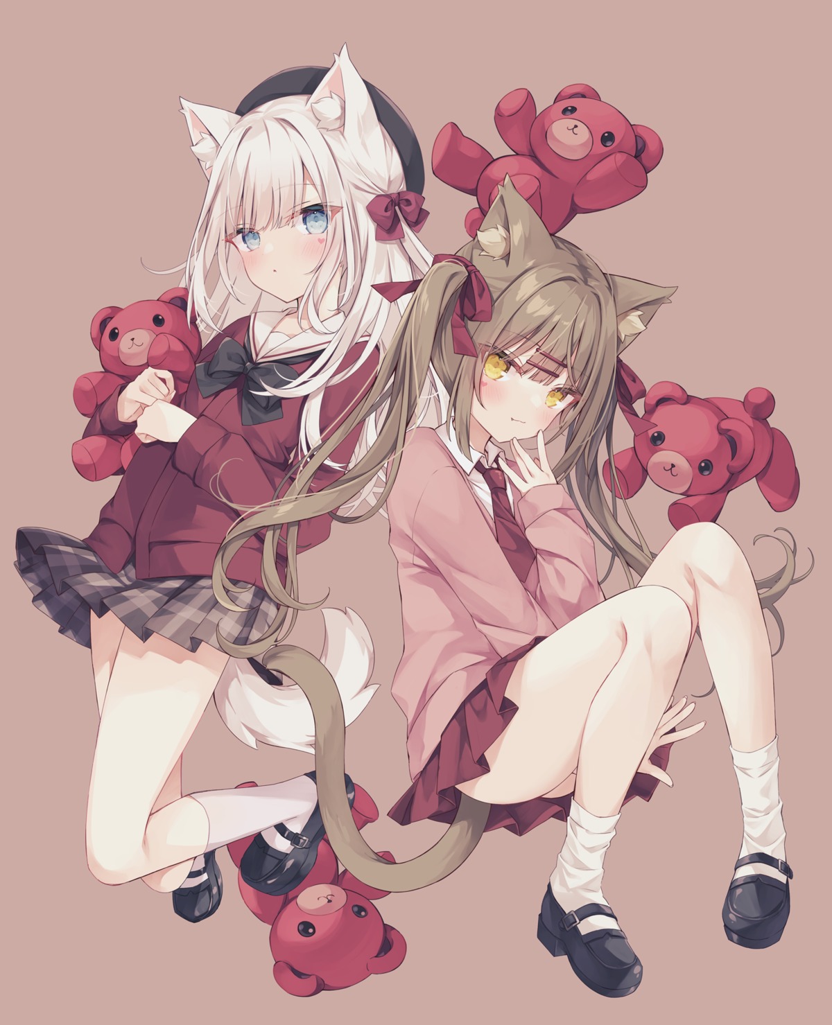 animal_ears, hoshi, inumimi, kohaku_(hoshi), mashiro_(hoshi), nekomimi, seifuku, skirt_lift