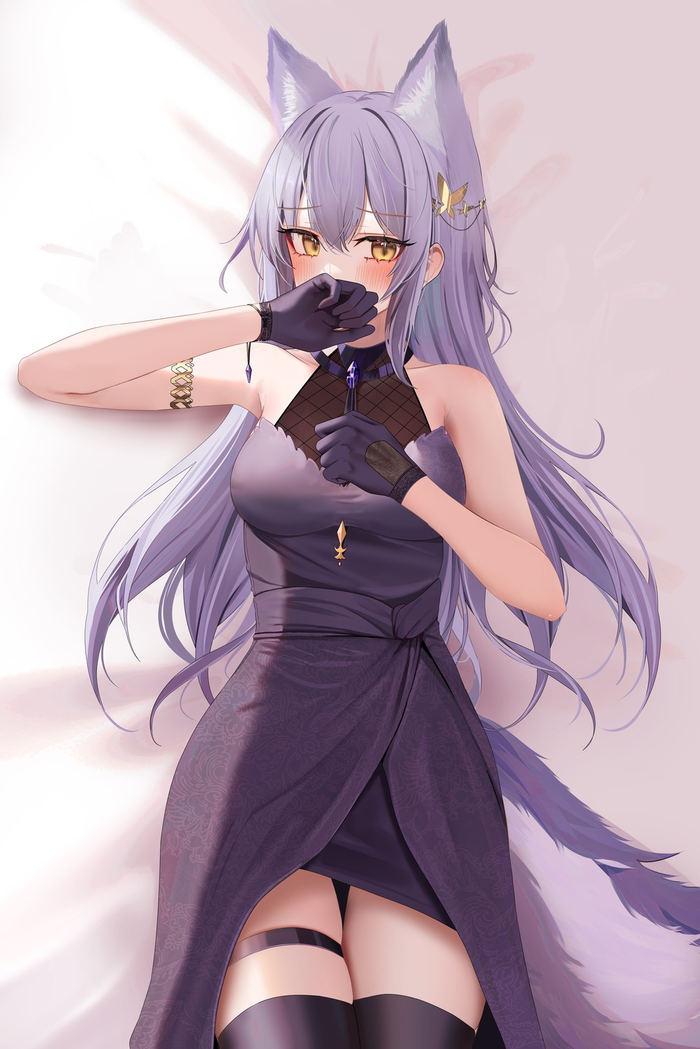 animal_ears, arknights, dress, garter, provence_(arknights), ruzhai, tail, thighhighs