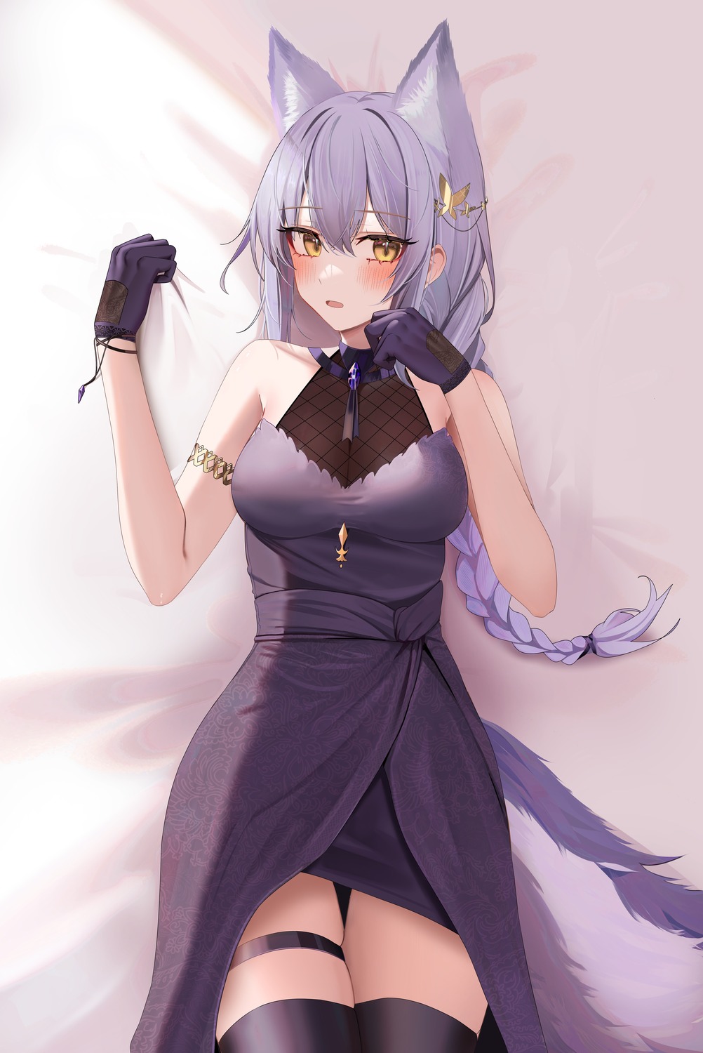 animal_ears, arknights, dress, garter, provence_(arknights), ruzhai, tail, thighhighs