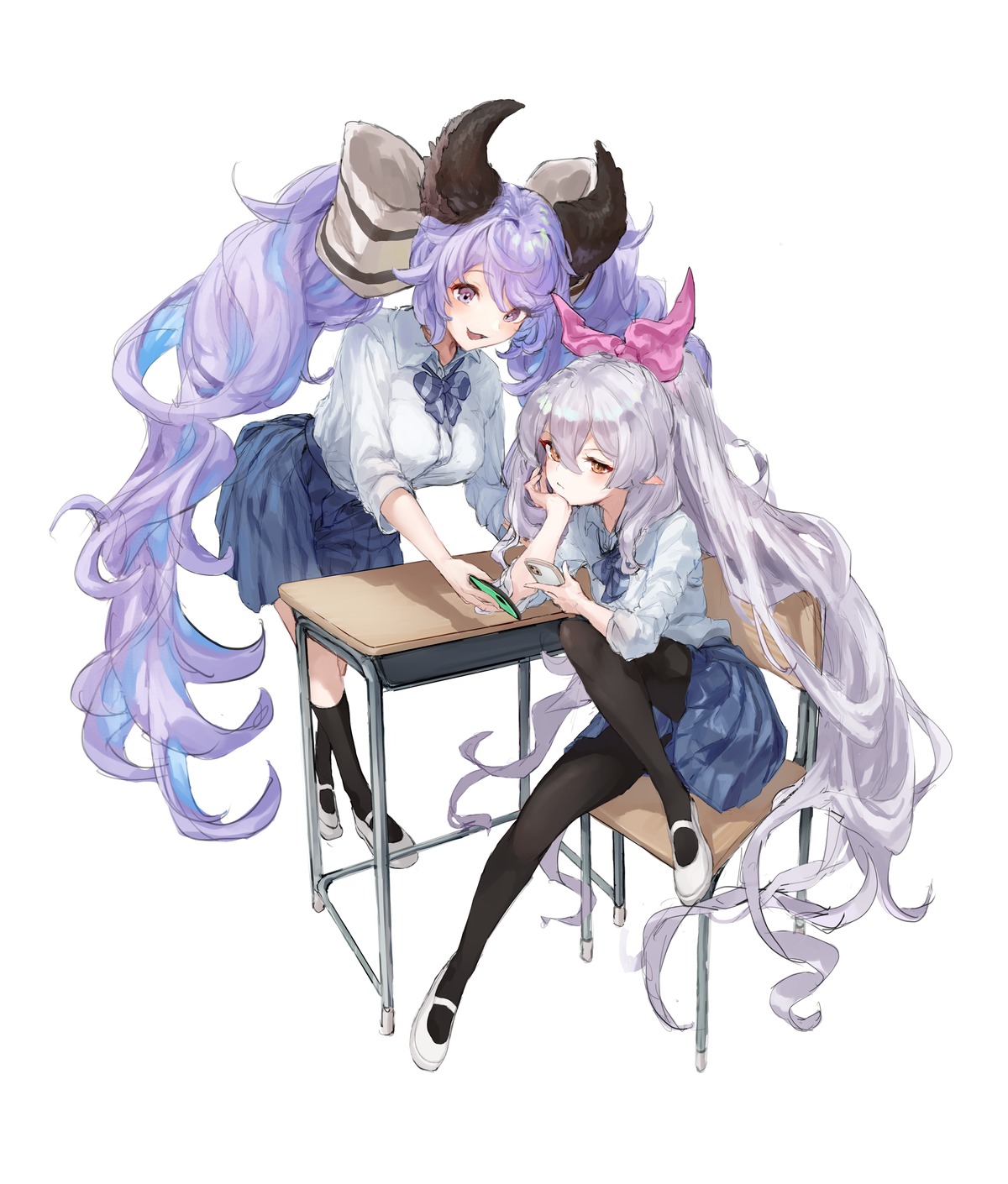 blacktail_hihi, granblue_fantasy, horns, medusa_(shingeki_no_bahamut), pantyhose, pointy_ears, satyros_(granblue_fantasy), seifuku