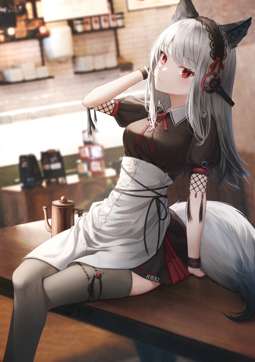 animal_ears, arknights, fishnets, flippy_(cripine111), frostleaf_(arknights), garter, headphones, maid, tail, thighhighs