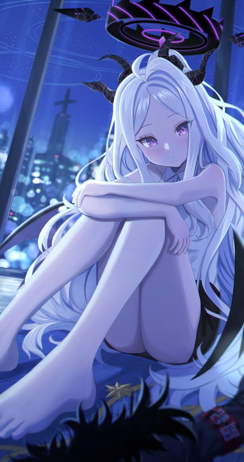 akazaki_yukino, blue_archive, devil, feet, halo, horns, skirt_lift, sorasaki_hina, wings