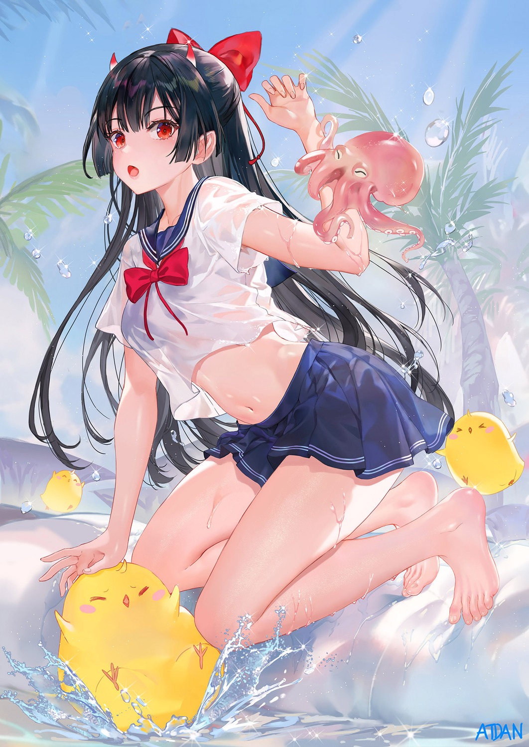 atdan, azur_lane, bra, horns, manjuu_(azur_lane), sakawa_(azur_lane), see_through, seifuku, wet, wet_clothes