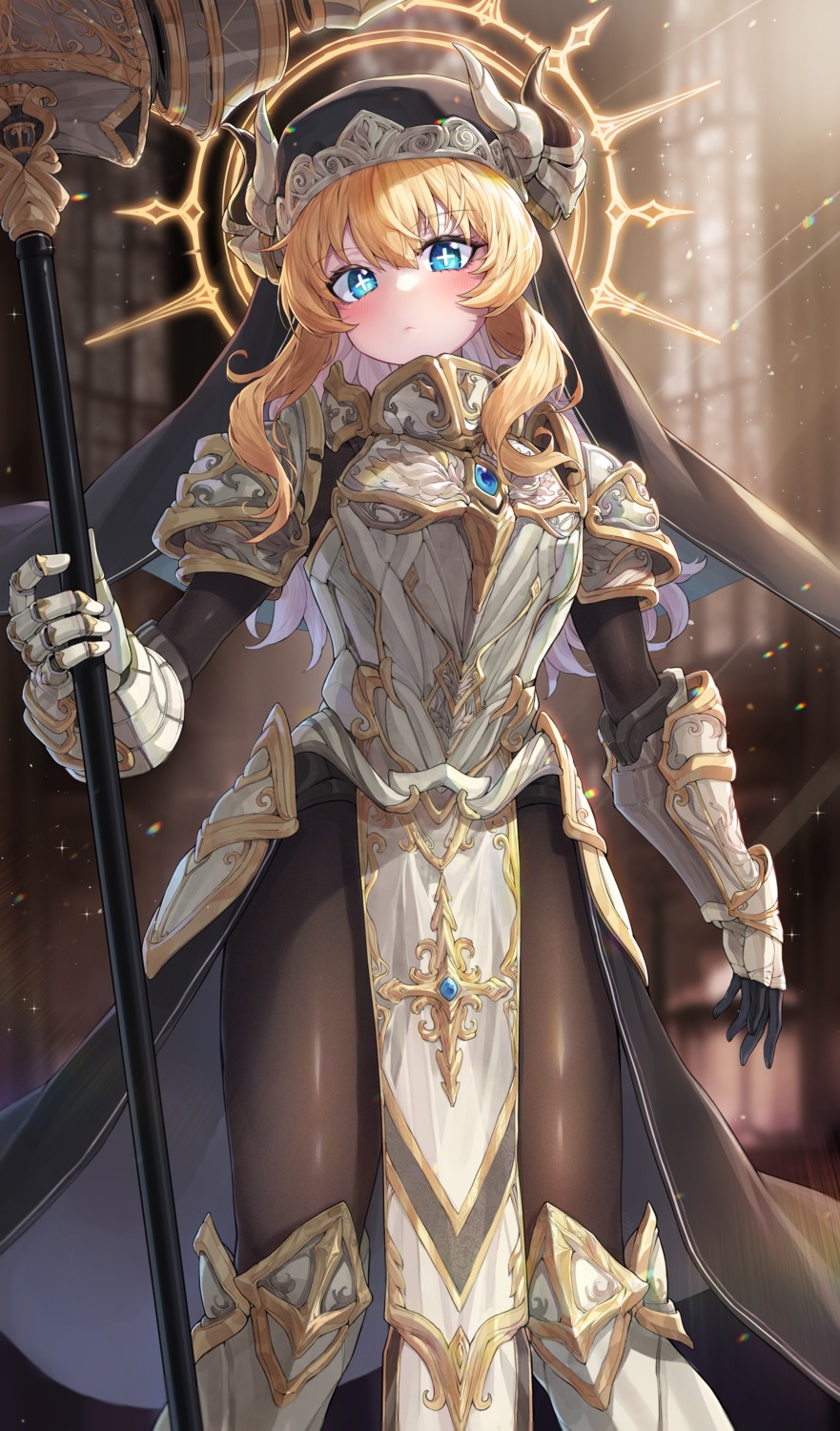 angel, armor, horns, kokukyukeo, nun, pantyhose, thighhighs, weapon