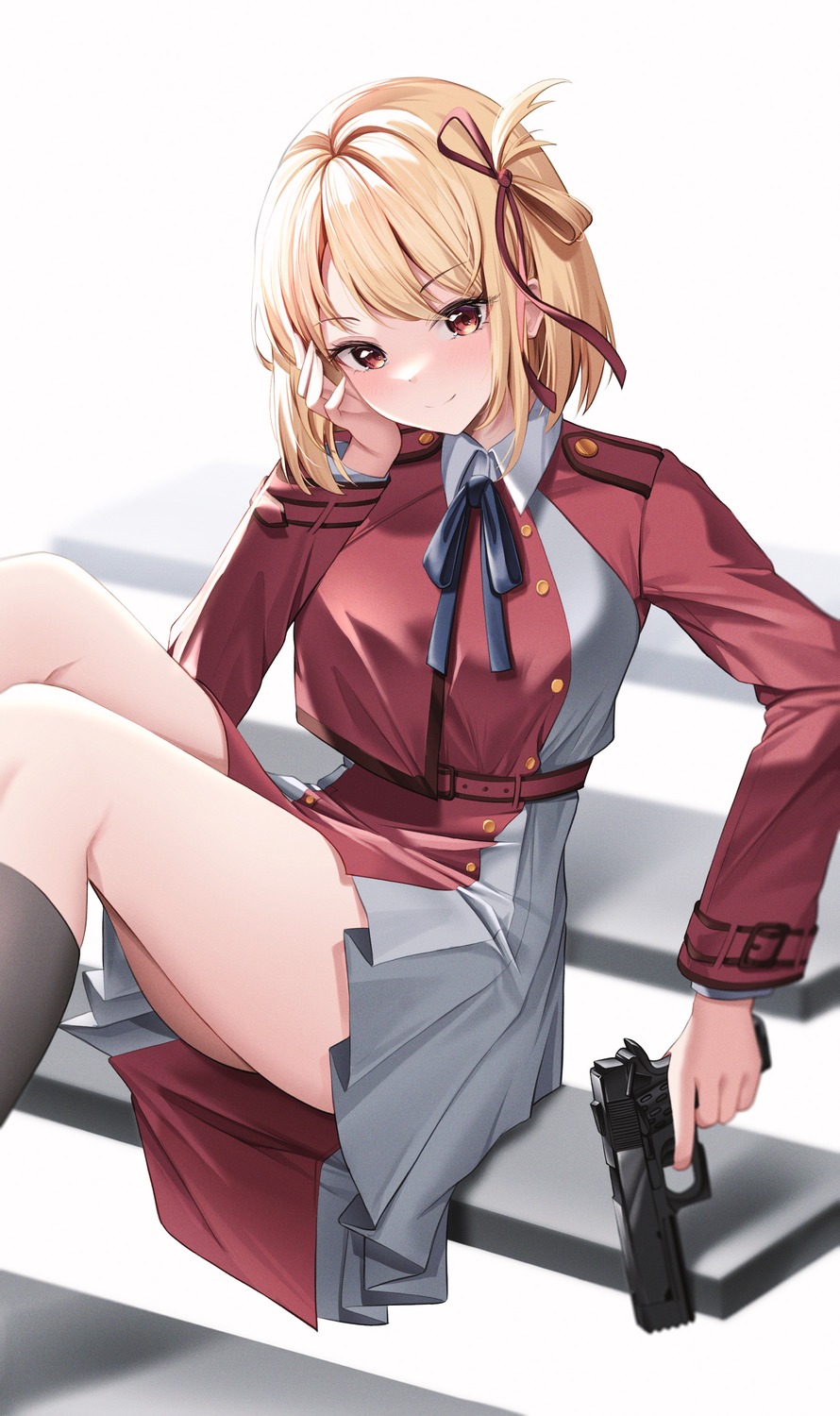 gun, lancheu, lycoris_recoil, nishikigi_chisato, seifuku