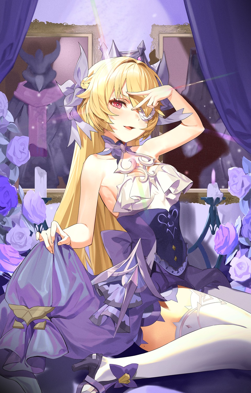 dress, eyepatch, fischl, genshin_impact, heels, no_bra, pyararara, thighhighs