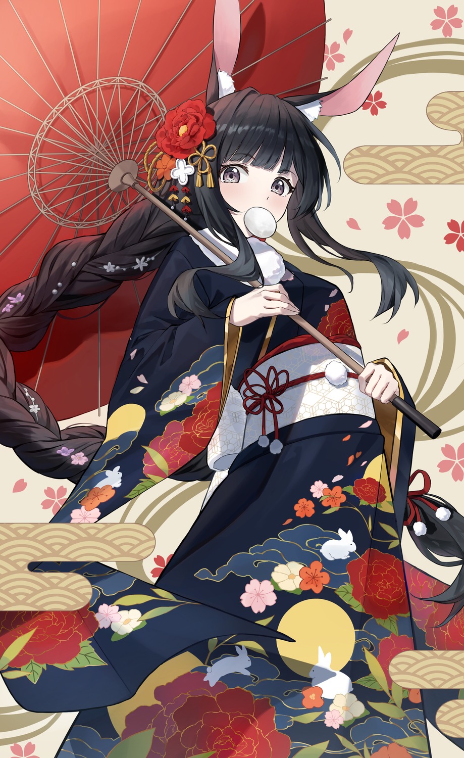 animal_ears, bunny_ears, kimono, retsu_(retsu_3), umbrella