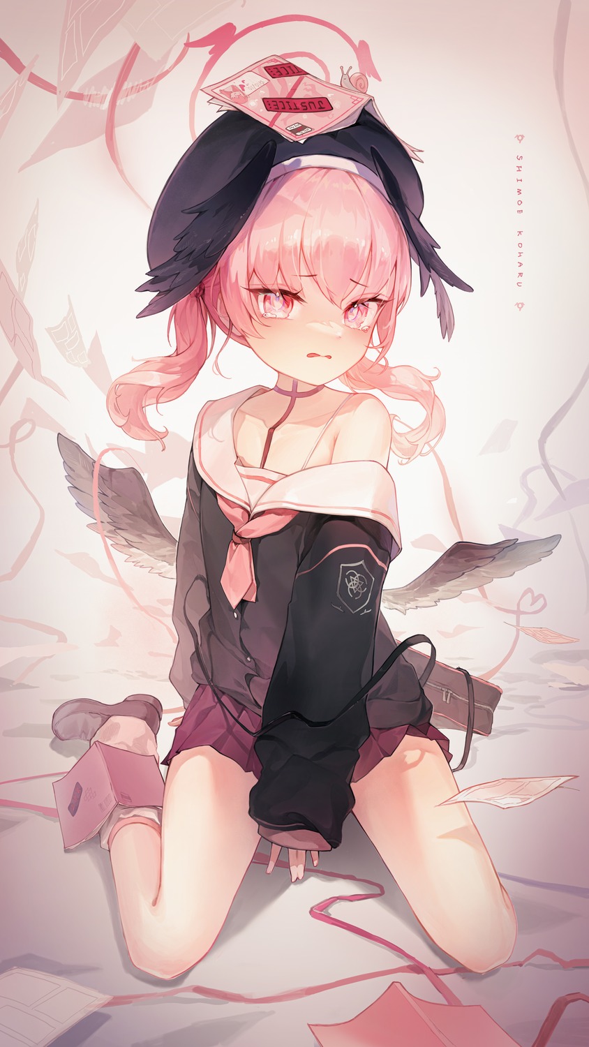 blue_archive, halo, happyongdal, seifuku, shimoe_koharu, wings