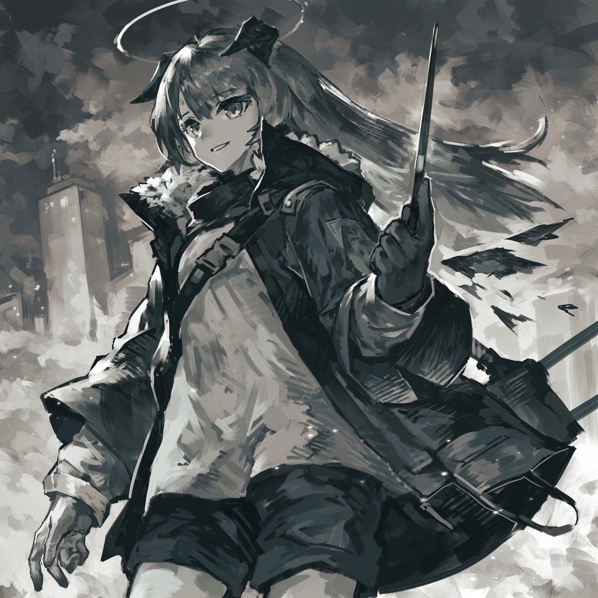 arknights, halo, horns, monochrome, mostima_(arknights), wings, yanyan_(shinken_gomi)