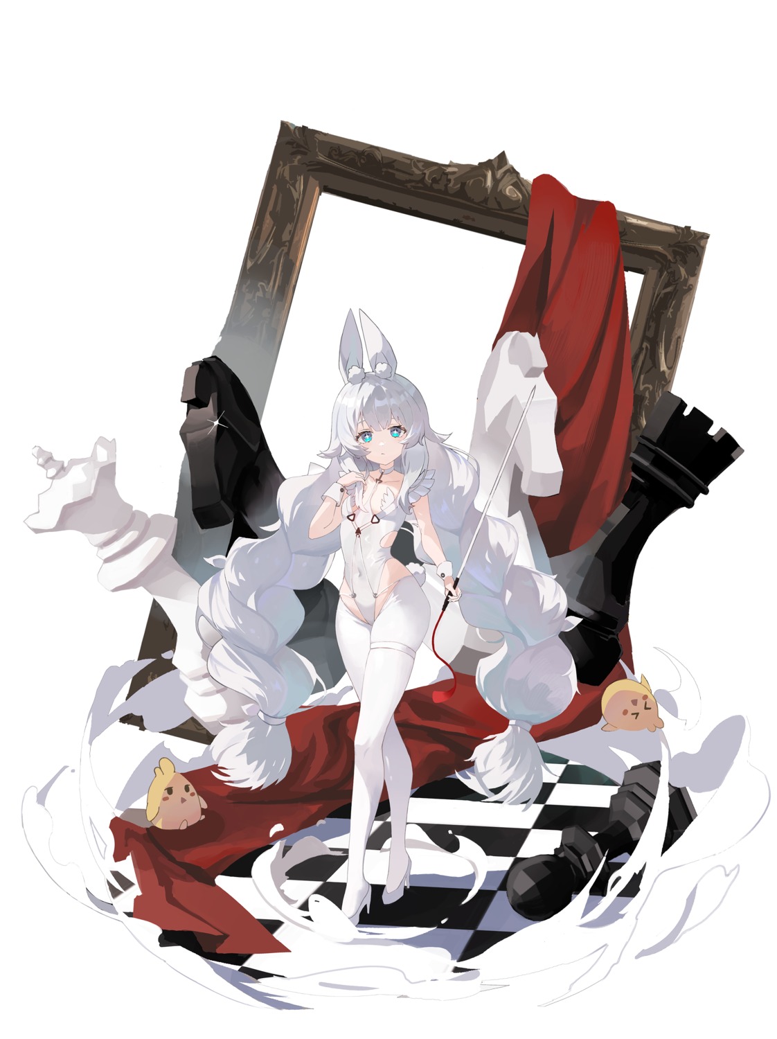 animal_ears, azur_lane, bunny_ears, bunny_girl, garter, heels, huanxiang_(pixiv17972188), le_malin_(azur_lane), manjuu_(azur_lane), no_bra, pantyhose, tail, weapon
