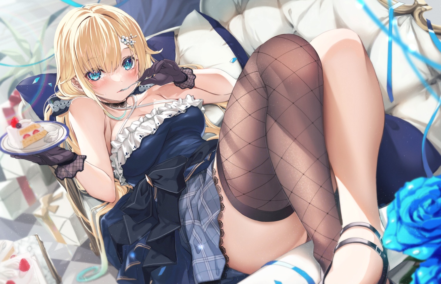 aizawa_ema, dress, fishnets, ruo, skirt_lift, thighhighs, vspo!
