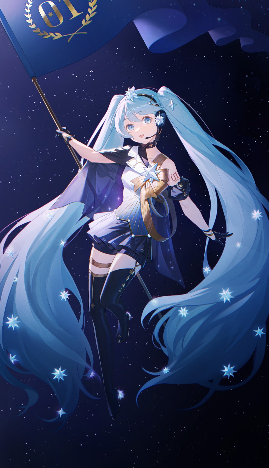 beizhe_roam, dress, garter, hatsune_miku, headphones, stockings, tattoo, thighhighs, vocaloid