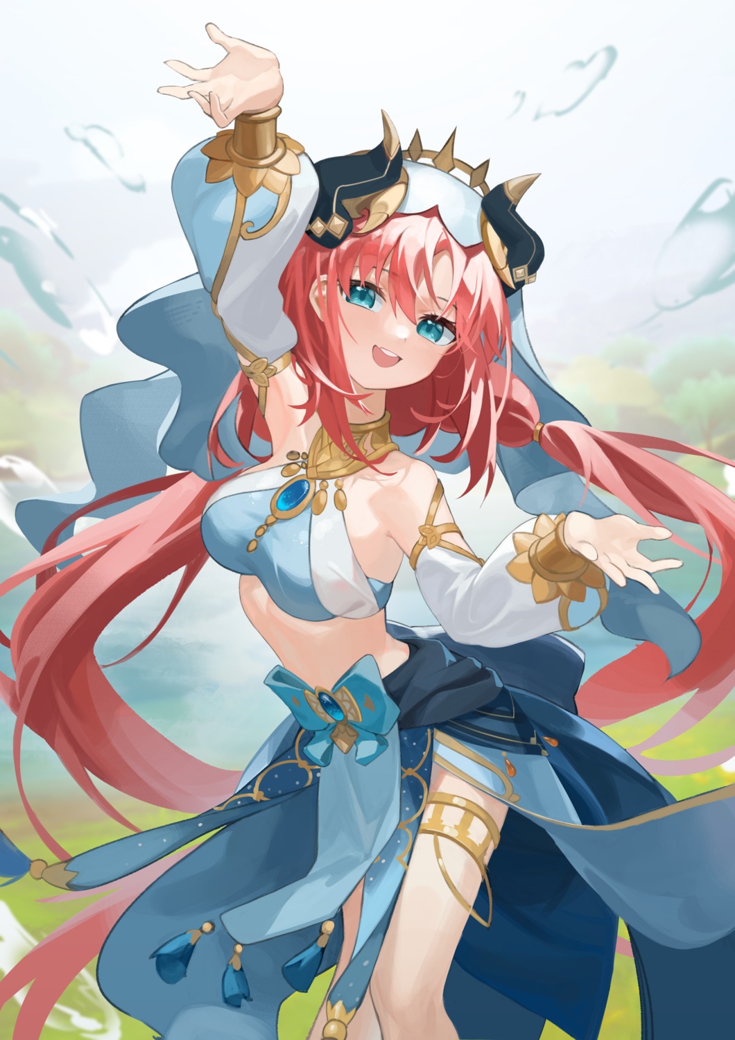 garter, genshin_impact, horns, nilou, no_bra, oiru_(fattyoils)