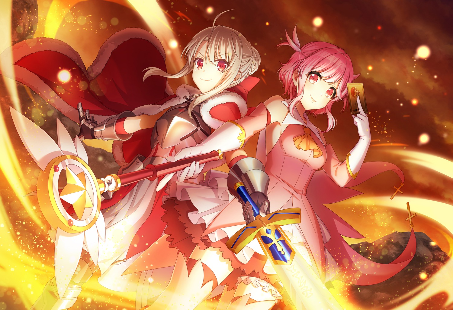 armor, cosplay, crossover, d4dj, fate/kaleid_liner_prisma_illya, fate/stay_night, illyasviel_von_einzbern, magical_ruby, no_bra, sakurada_miyuu, sword, tagme, thighhighs, weapon
