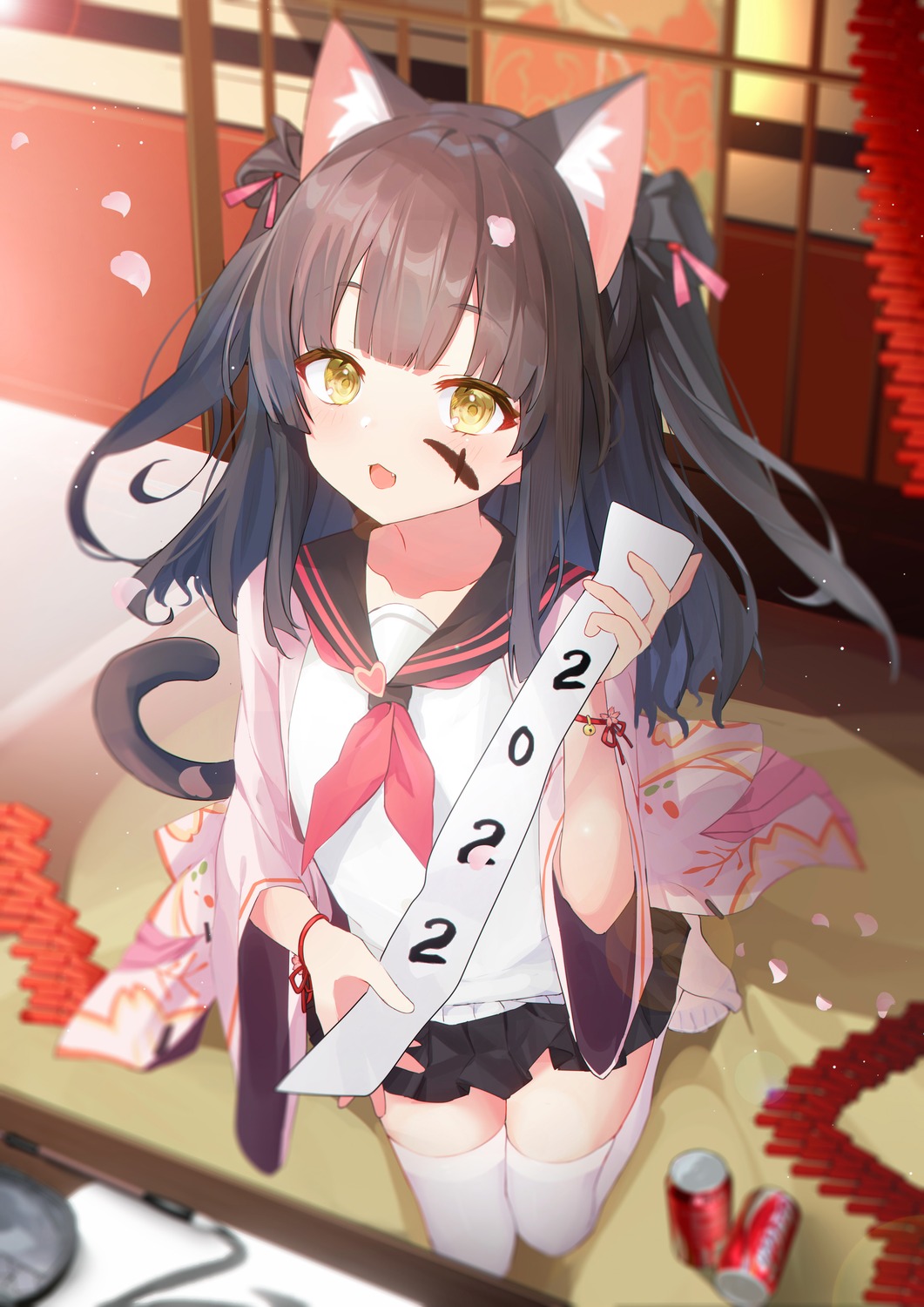 animal_ears, azur_lane, japanese_clothes, nekomimi, seifuku, tail, thighhighs, wang_mon