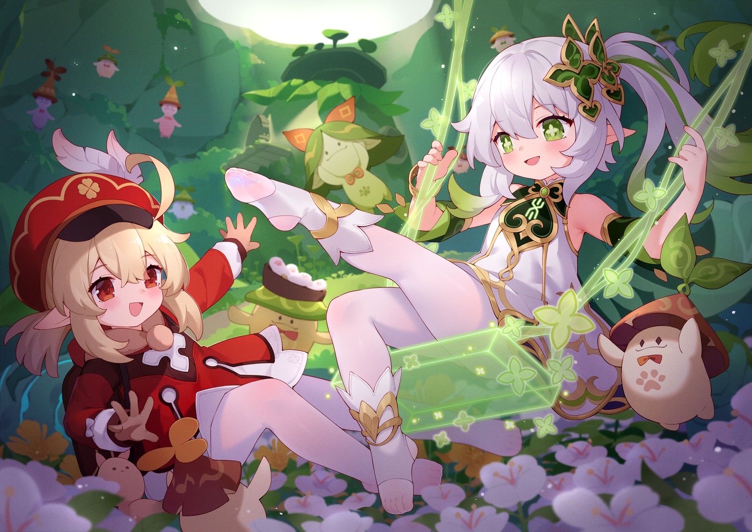 dress, feet, genshin_impact, klee, nahida, pantyhose, pointy_ears, tsubasa_tsubasa