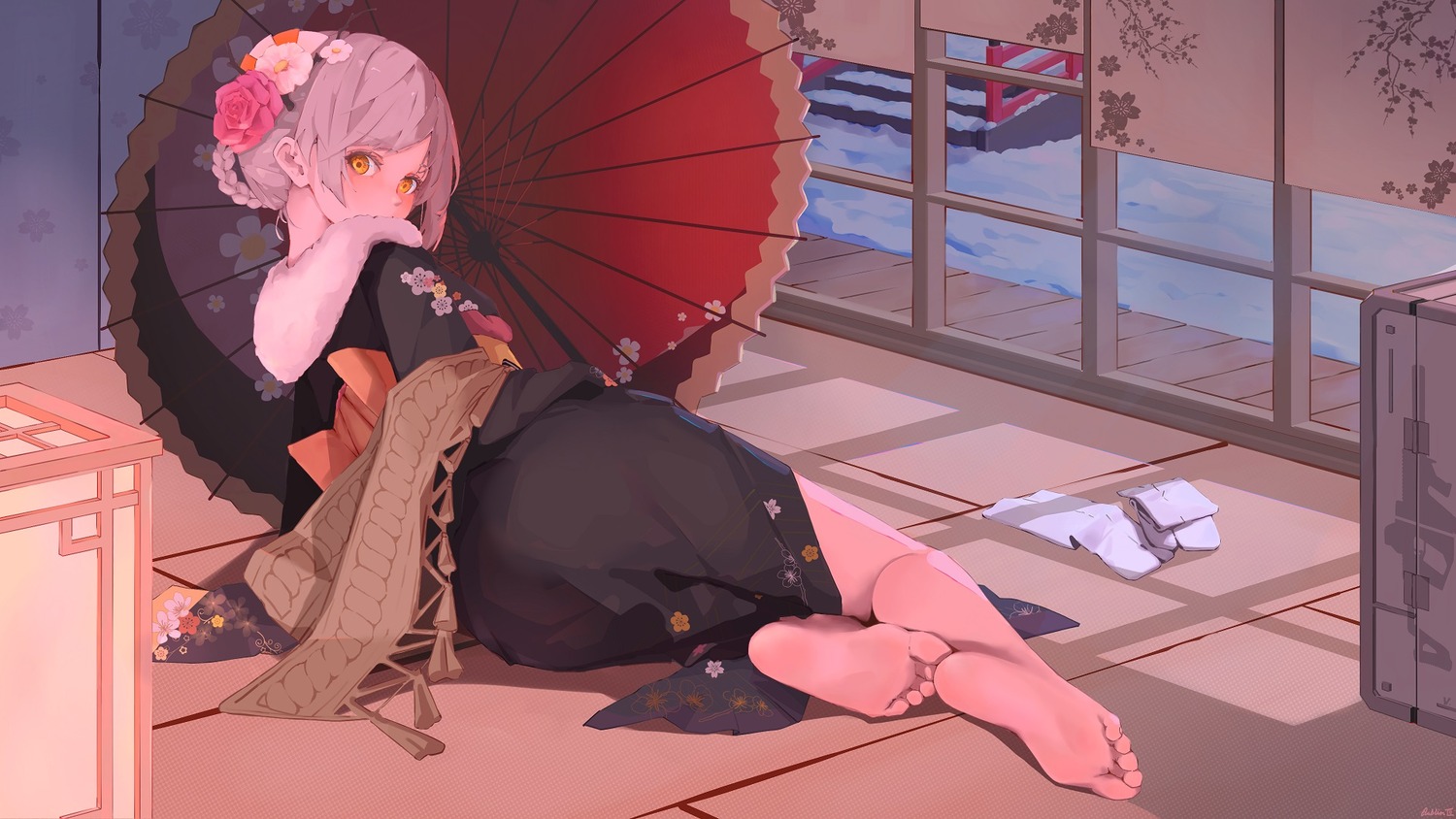 ass, feet, girls_frontline, gobliniii, kimono, umbrella, vector_(girls_frontline), wallpaper