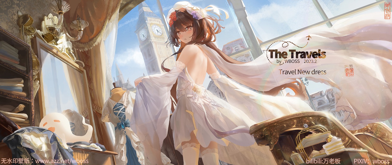 dress, genshin_impact, hu_tao, no_bra, thighhighs, wboss, wedding_dress