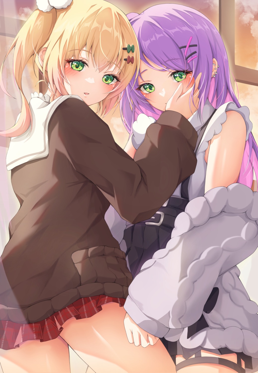 ass, garter, hololive, iikiroro, momosuzu_nene, seifuku, sweater, tokoyami_towa, yuri