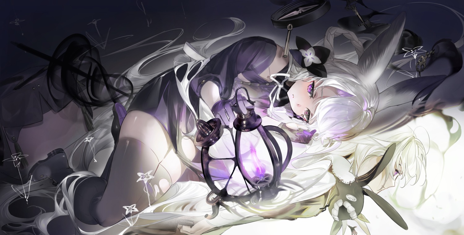 animal_ears, heterochromia, shokuen, thighhighs, torn_clothes