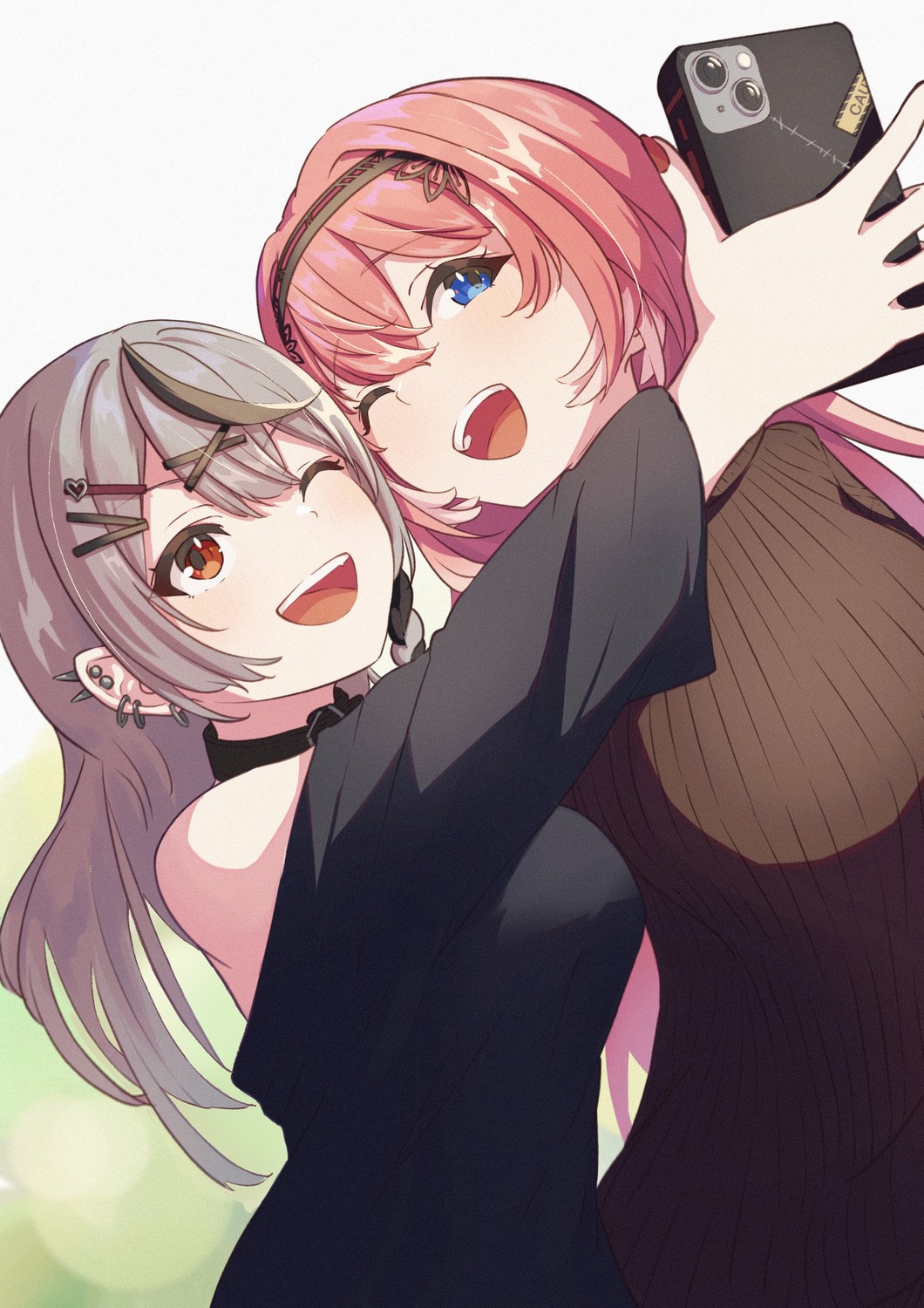 dress, hololive, oki_no_fuji, sakamata_chloe, selfie, sweater, takane_lui, wings