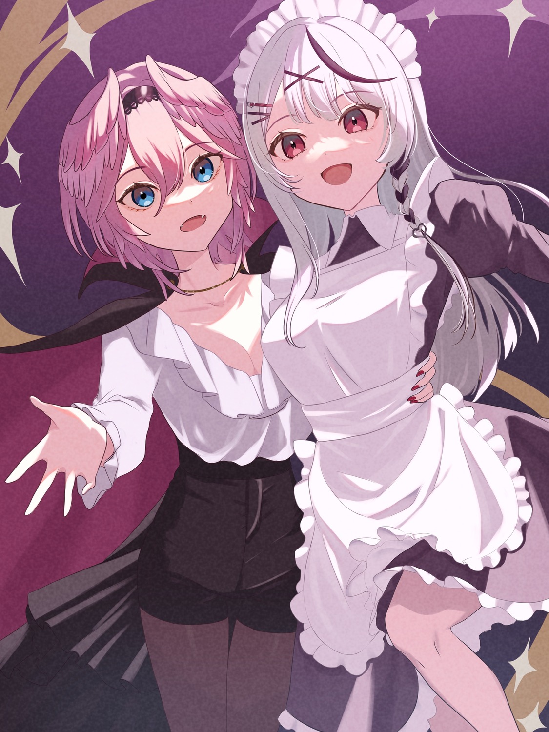 cleavage, hololive, maid, pantyhose, sakamata_chloe, takane_lui, wings, yamagamiamami