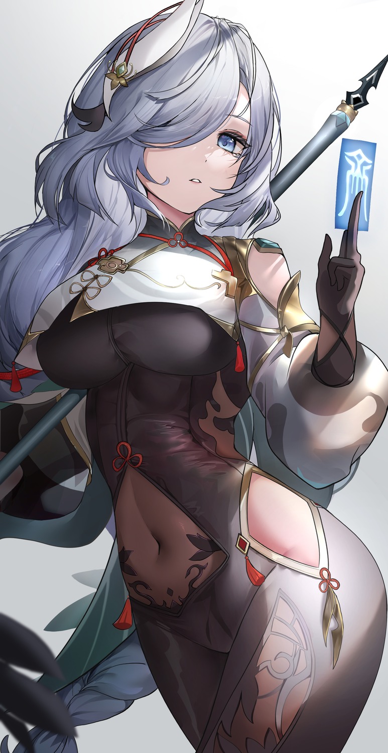 asian_clothes, bodysuit, genshin_impact, lemontea_(ekvr5838), shenhe, weapon
