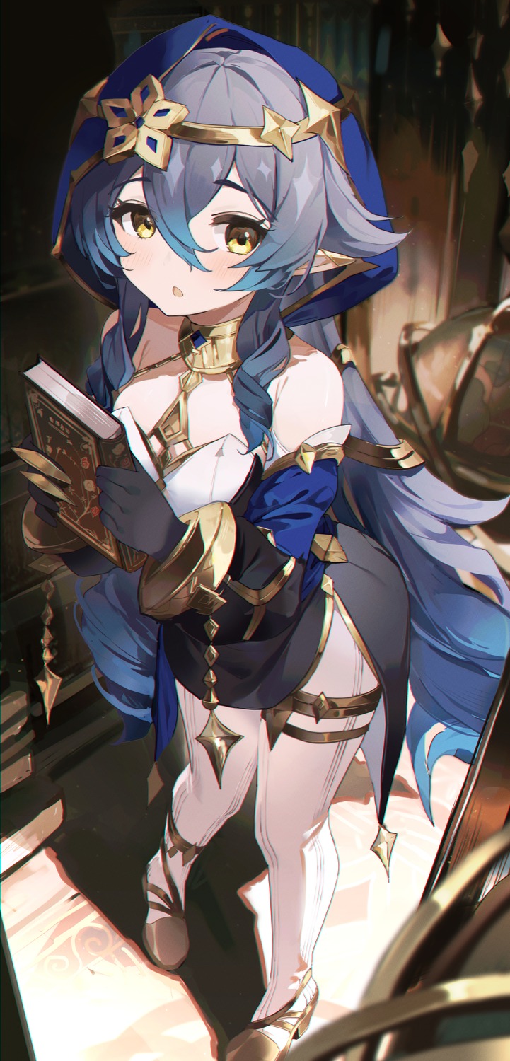 coria, dress, garter, genshin_impact, layla_(genshin_impact), pantyhose, pointy_ears