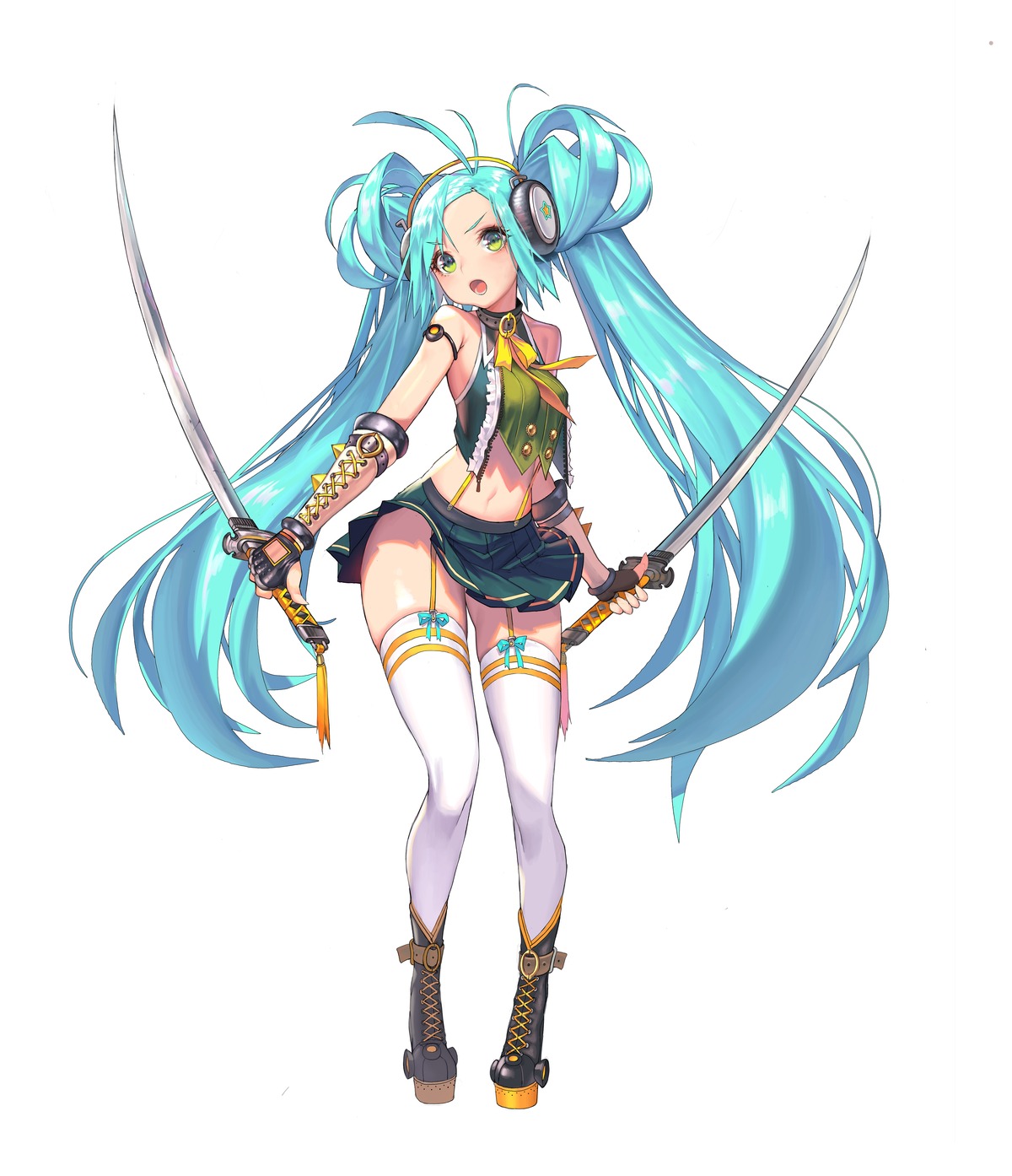 2v_(joyeong), destiny_child, headphones, stockings, sword, thighhighs