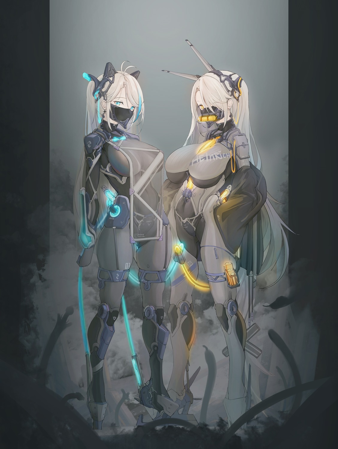 animal_ears, azur_lane, bodysuit, cameltoe, garter, heels, horns, mecha_musume, pantsu, prinz_eugen_(azur_lane), prinz_heinrich_(azur_lane), see_through, tail, thong, yusha_(m-gata)