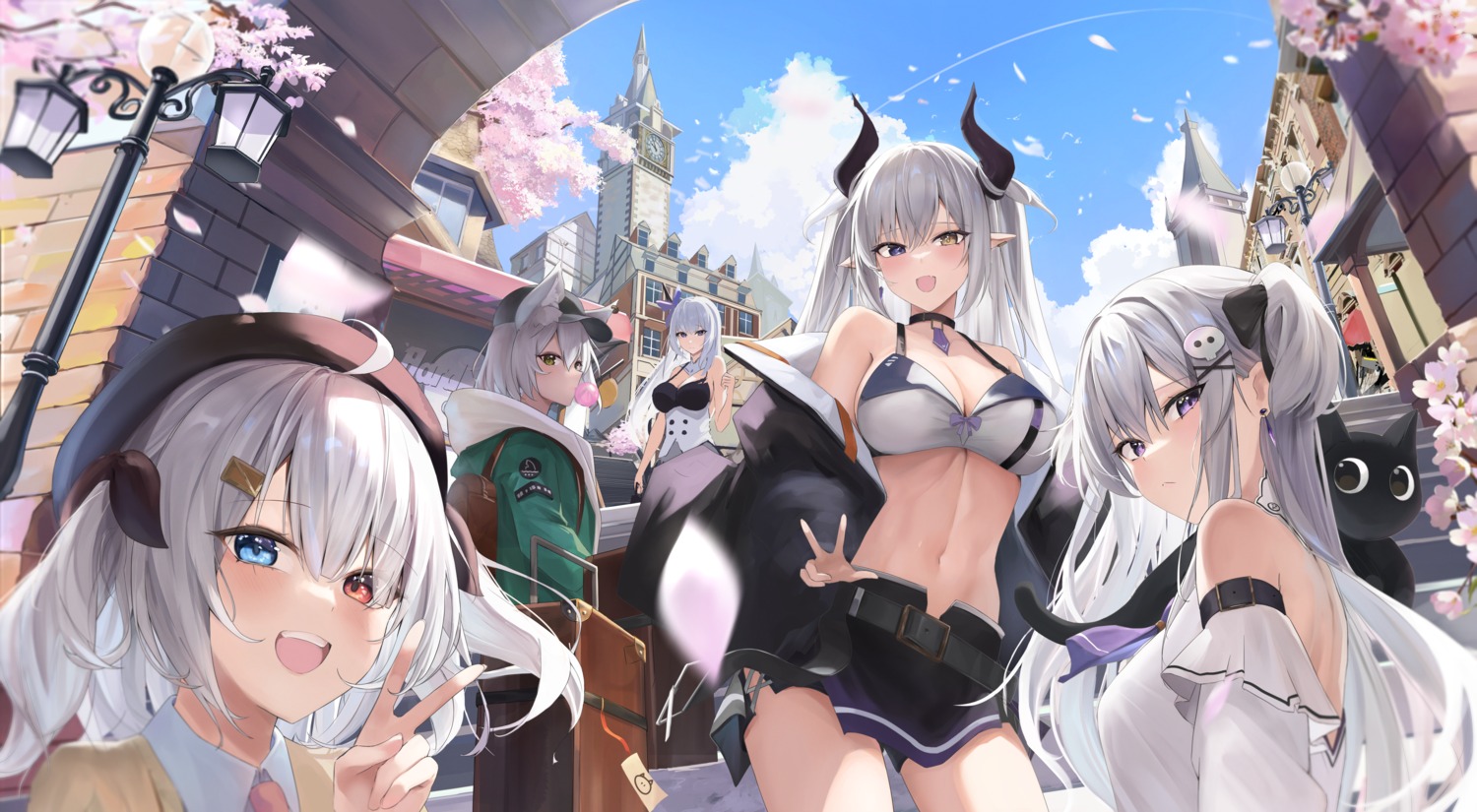 animal_ears, aoi_13, bra, cleavage, heterochromia, horns, open_shirt, pointy_ears