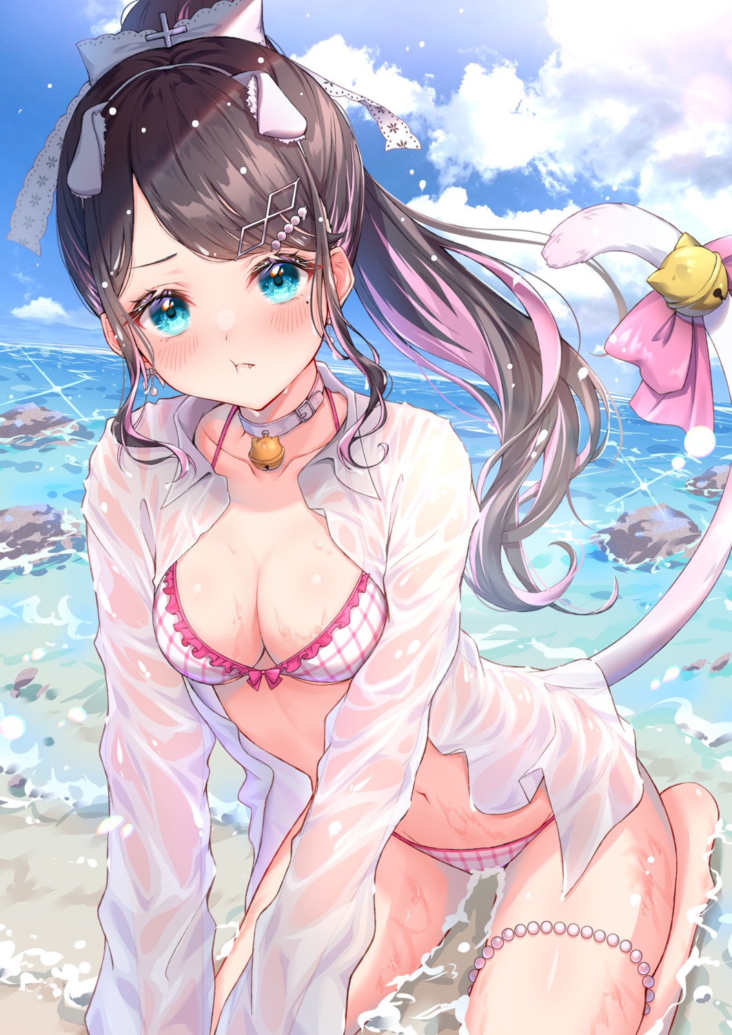 animal_ears, bikini, dress_shirt, garter, nekomimi, open_shirt, see_through, swimsuits
