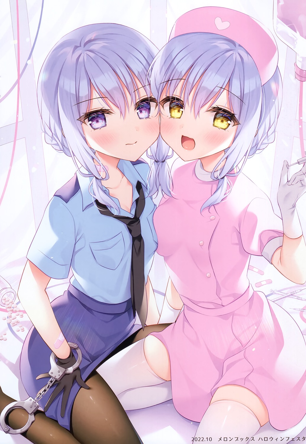 aoirokanata, nurse, pantyhose, police_uniform, shikitani_asuka, thighhighs