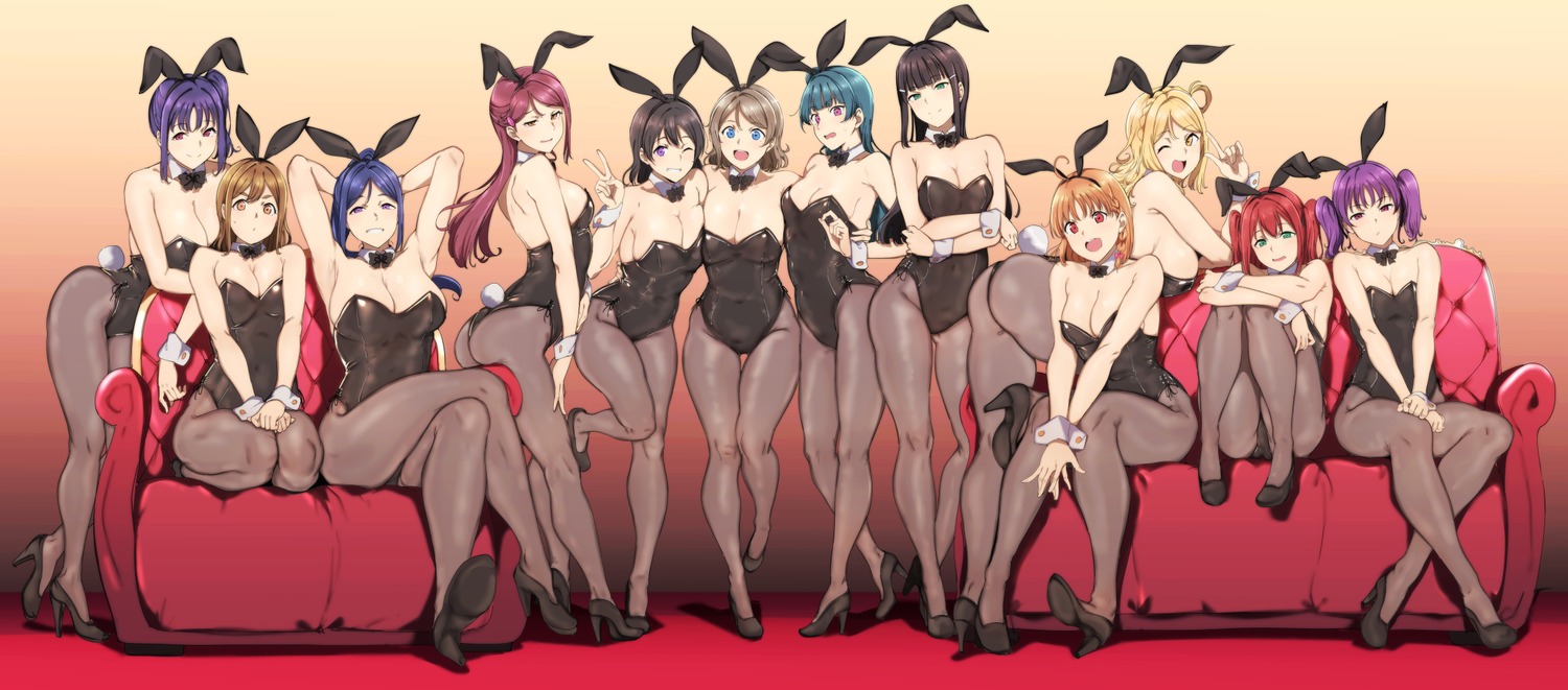 alp, animal_ears, ass, bunny_ears, bunny_girl, heels, kazuno_ria, kazuno_sarah, kunikida_hanamaru, kurosawa_dia, kurosawa_ruby, love_live!_(series), love_live!_sunshine!!, matsuura_kanan, no_bra, ohara_mari, pantyhose, sakurauchi_riko, tail, takami_chika, tsushima_yoshiko, watanabe_tsuki, watanabe_you