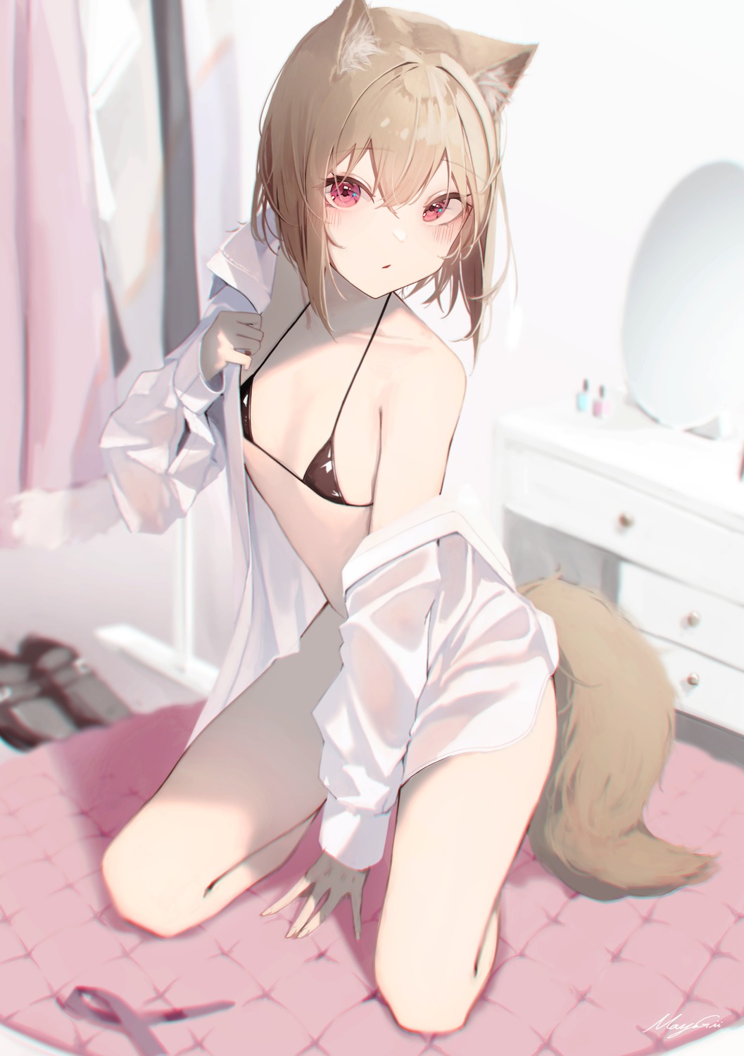 animal_ears, bikini_top, mayogii, open_shirt, swimsuits, tail