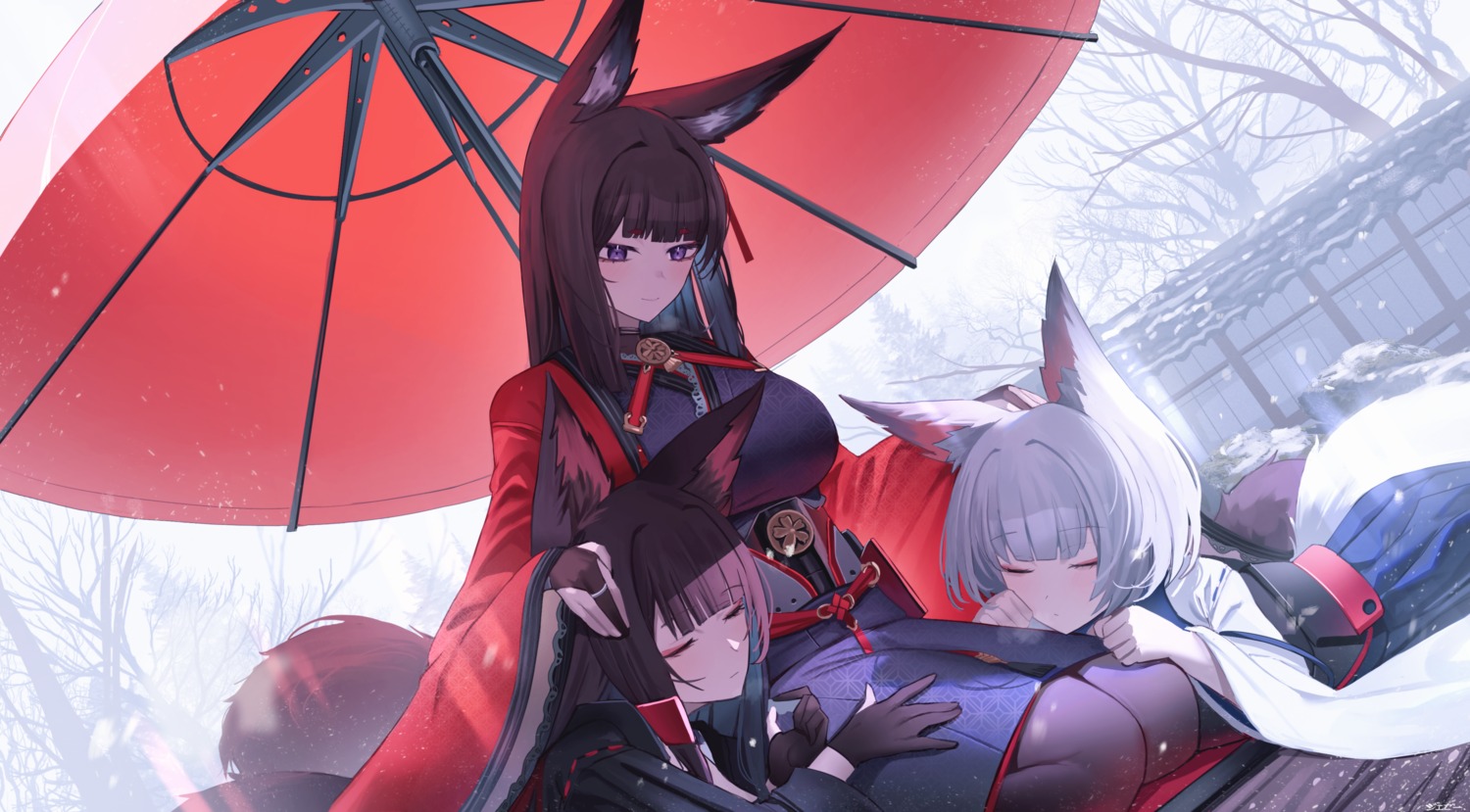 akagi_(azur_lane), amagi_(azur_lane), animal_ears, artist_revision, azur_lane, japanese_clothes, jeze, kaga_(azur_lane), kitsune, pantyhose, tail