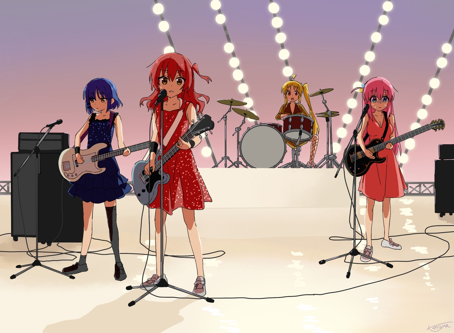 bocchi_the_rock!, cleavage, dress, fishnets, gotou_hitori, guitar, ijichi_nijika, kita_ikuyo