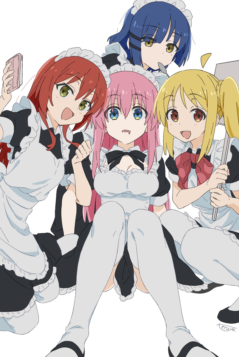 bocchi_the_rock!, gotou_hitori, ijichi_nijika, kita_ikuyo, maid, teruya_(6w6y), thighhighs, yamada_ryou