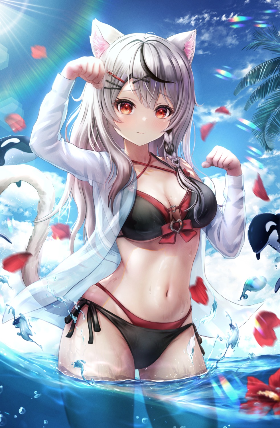 animal_ears, artist_revision, bikini, cleavage, hololive, nekomimi, open_shirt, sakamata_chloe
