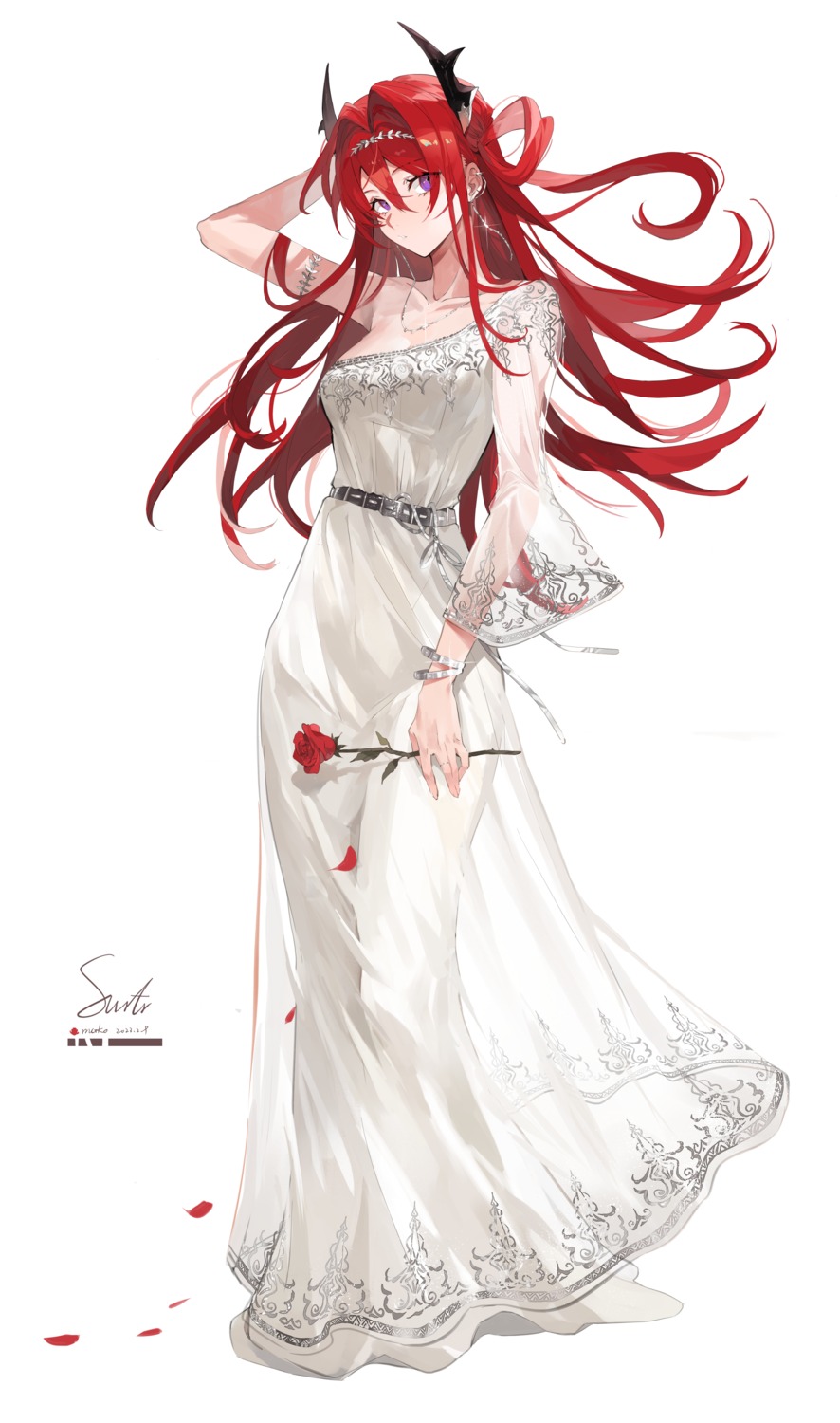 arknights, dress, horns, meng_ziya, no_bra, see_through, surtr_(arknights)