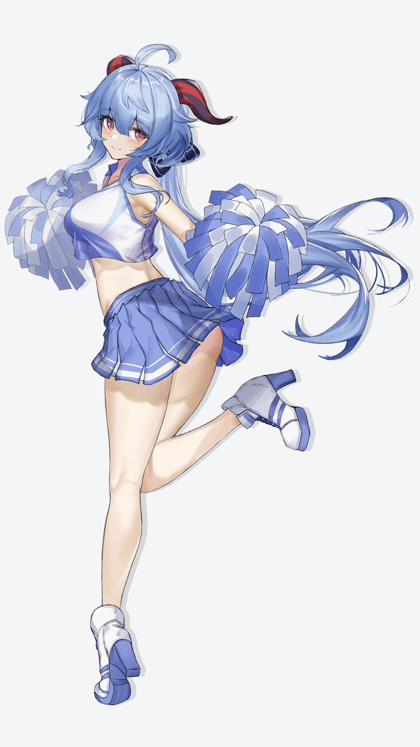 ass, cheerleader, ganyu, genshin_impact, heels, horns, skirt_lift, srpzk