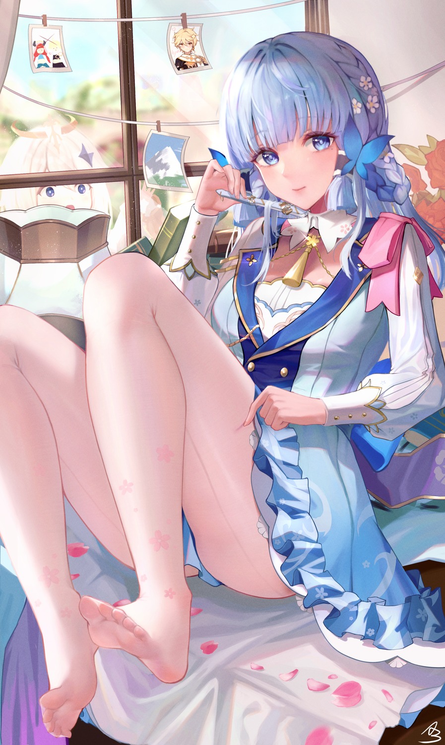 a-by, dress, genshin_impact, kamisato_ayaka, paimon, pantyhose, skirt_lift