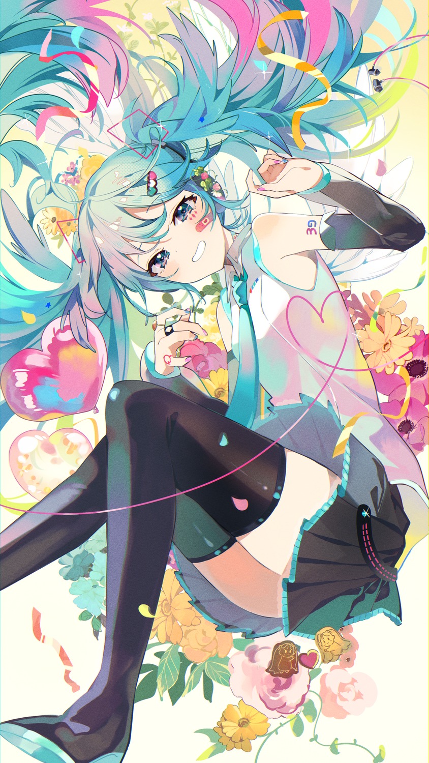 bandaid, hatsune_miku, headphones, heels, omutatsu, skirt_lift, tattoo, thighhighs