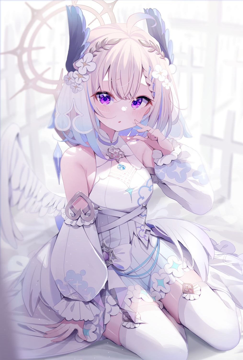angel, deyui, dress, enna_alouette, nijisanji, nijisanji_en, no_bra, stockings, thighhighs, wings