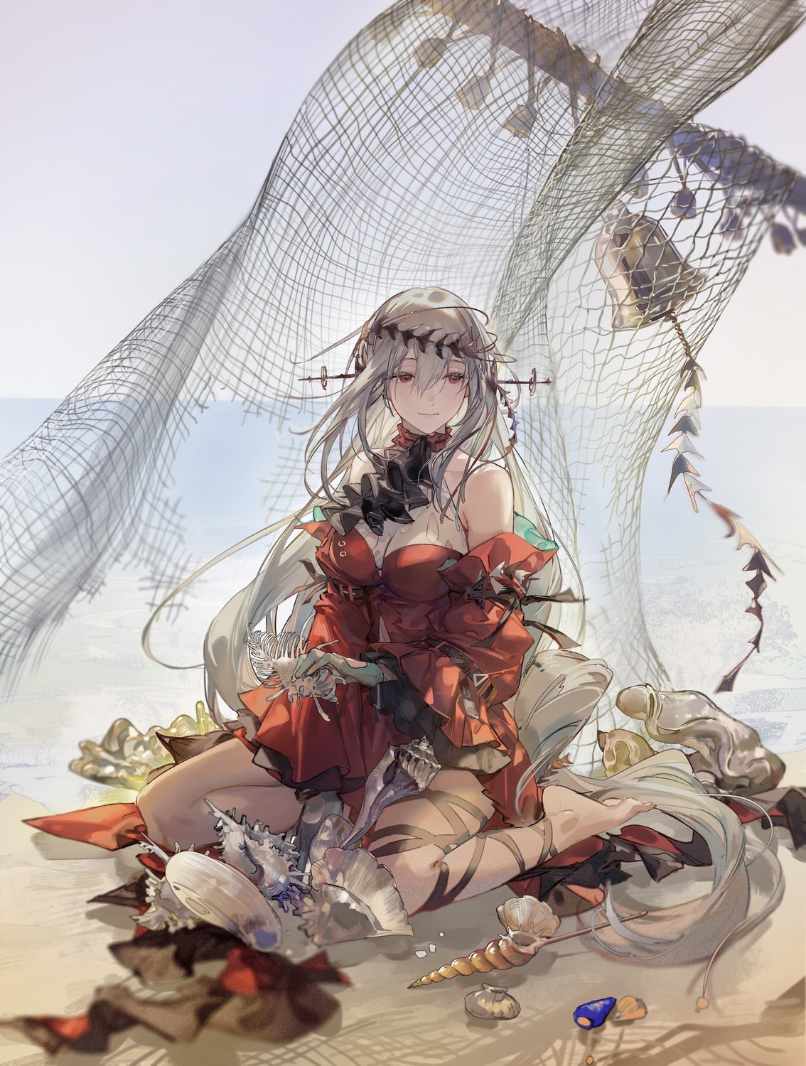 arknights, dress, garter, no_bra, noir_(ibaraki), skadi_(arknights), torn_clothes
