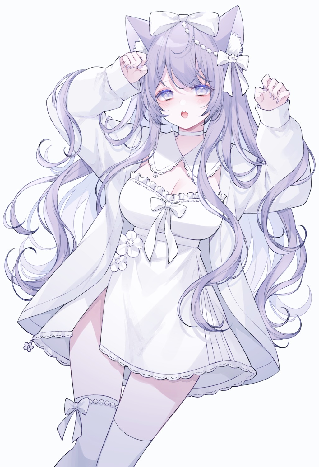 animal_ears, cleavage, dress, garter, nekomimi, thighhighs, ting