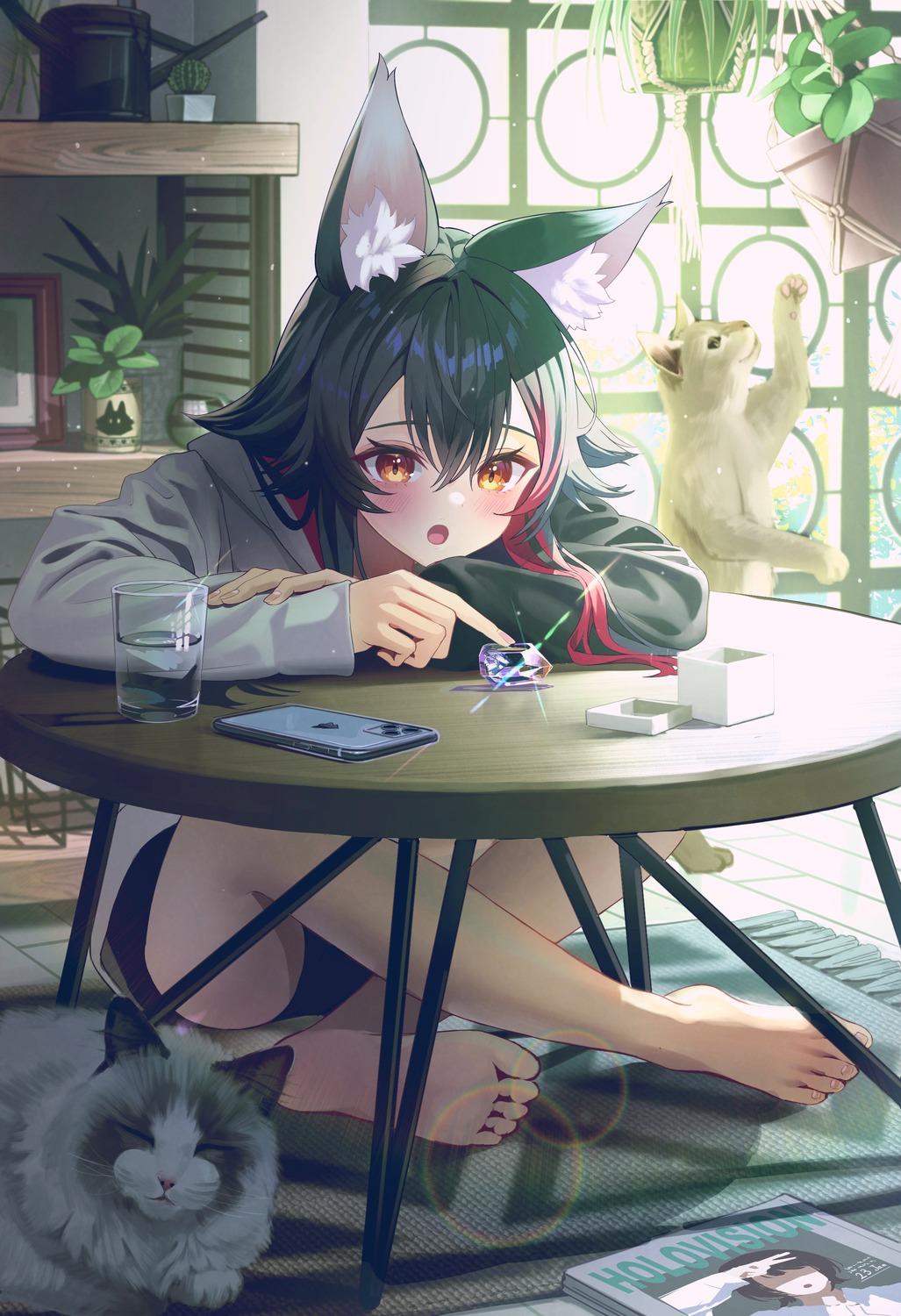 animal_ears, feet, hololive, hololive_gamers, midori_matsukaze, neko, ookami_mio