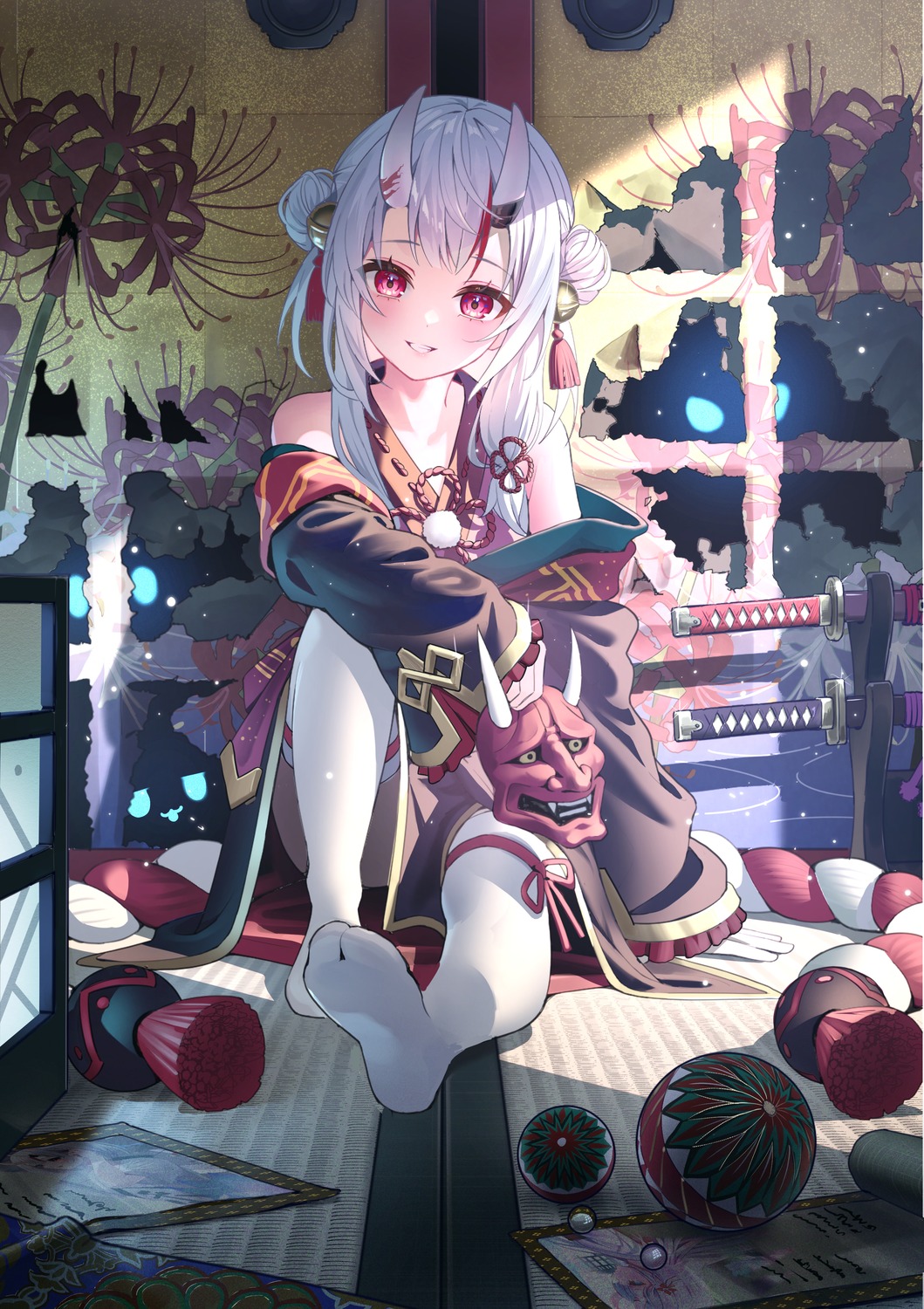 feet, garter, hololive, horns, japanese_clothes, midori_matsukaze, nakiri_ayame, sword, thighhighs